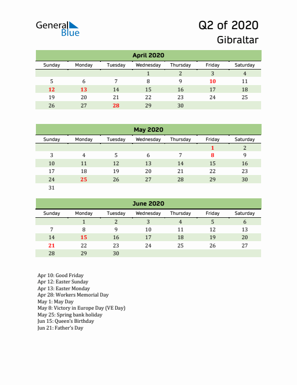 Quarterly Calendar 2020 with Gibraltar Holidays