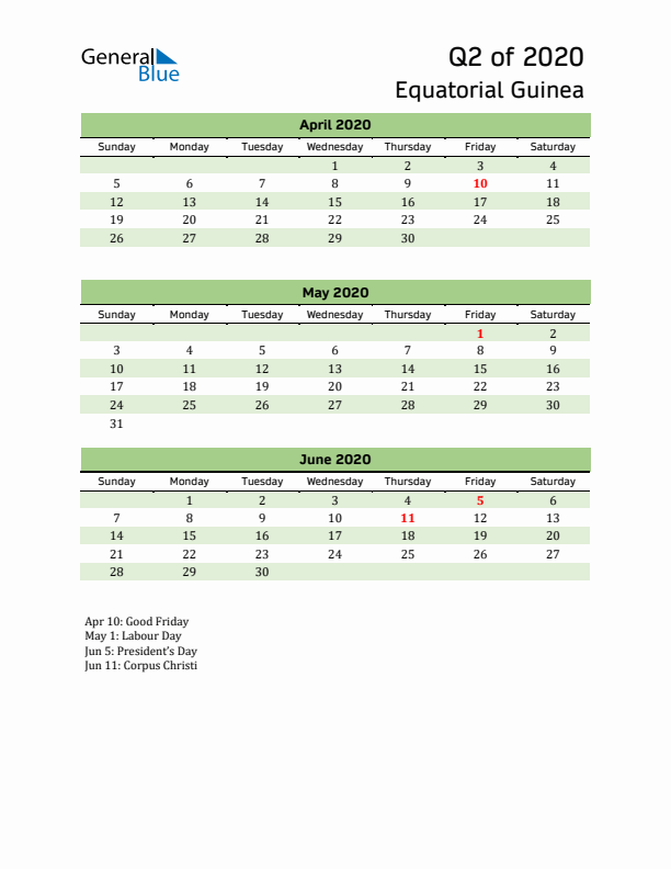 Quarterly Calendar 2020 with Equatorial Guinea Holidays