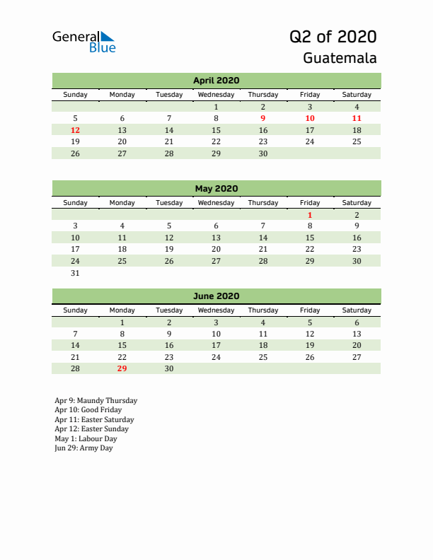 Quarterly Calendar 2020 with Guatemala Holidays