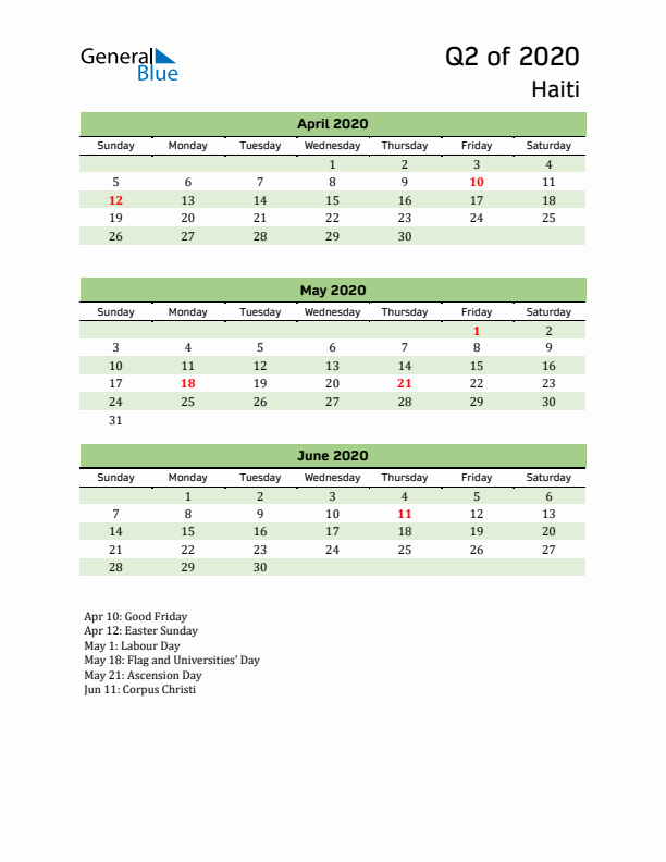 Quarterly Calendar 2020 with Haiti Holidays