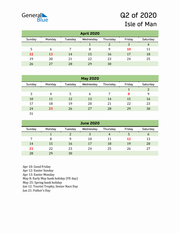 Quarterly Calendar 2020 with Isle of Man Holidays