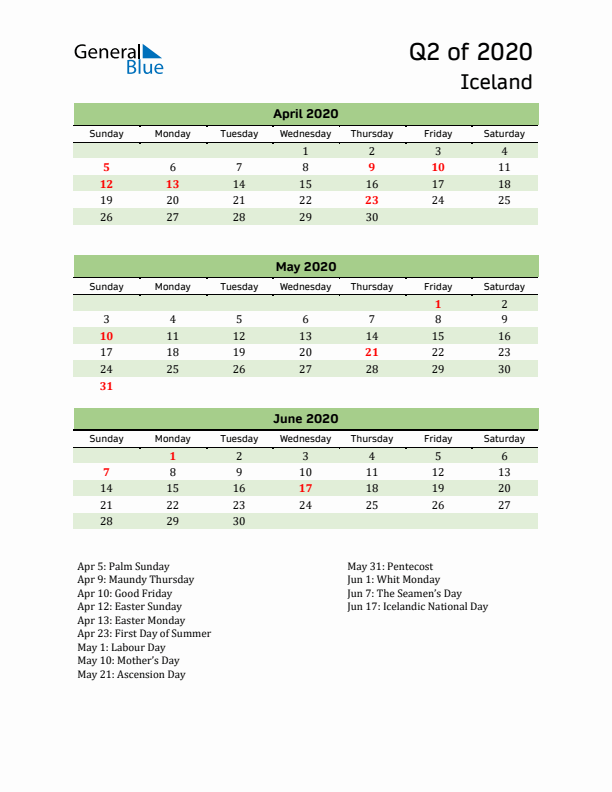 Quarterly Calendar 2020 with Iceland Holidays