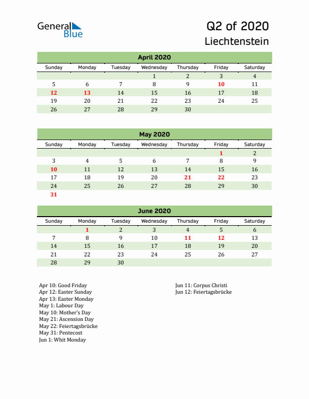 Quarterly Calendar 2020 with Liechtenstein Holidays