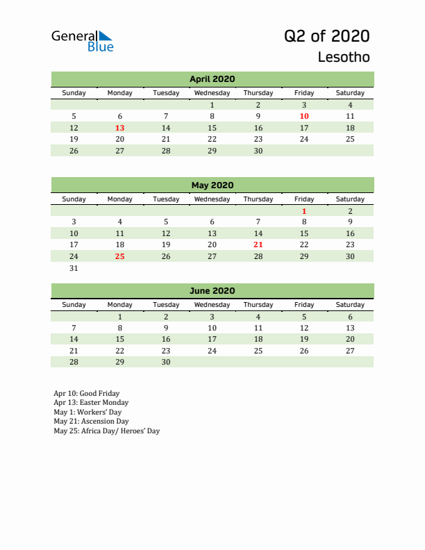 Quarterly Calendar 2020 with Lesotho Holidays