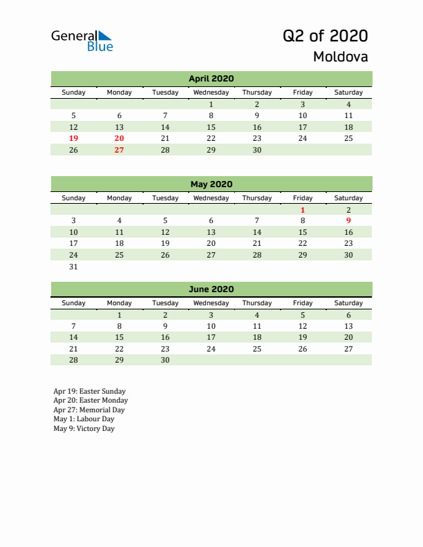 Quarterly Calendar 2020 with Moldova Holidays