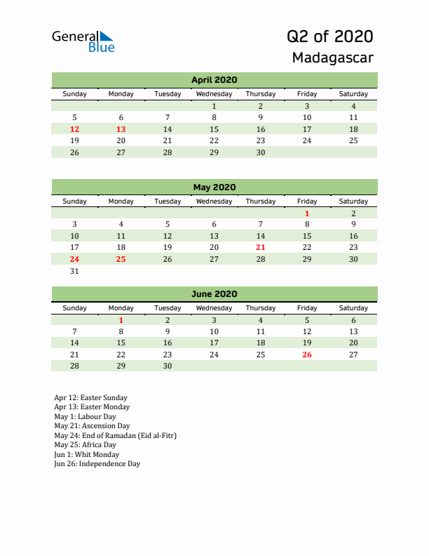 Quarterly Calendar 2020 with Madagascar Holidays