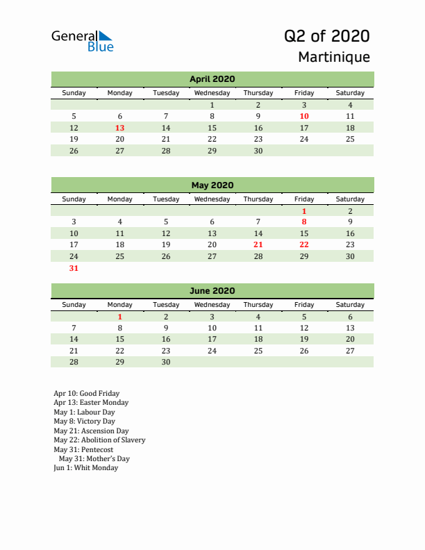 Quarterly Calendar 2020 with Martinique Holidays