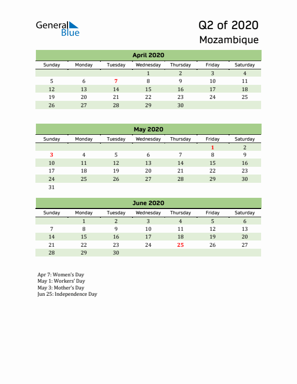 Quarterly Calendar 2020 with Mozambique Holidays