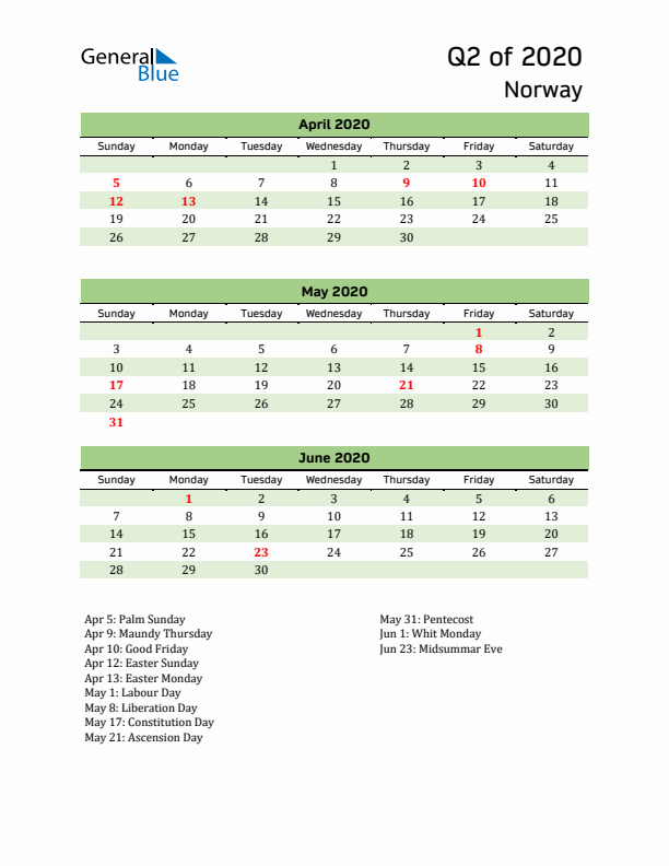 Quarterly Calendar 2020 with Norway Holidays