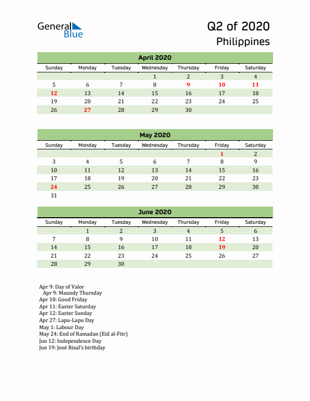 Quarterly Calendar 2020 with Philippines Holidays