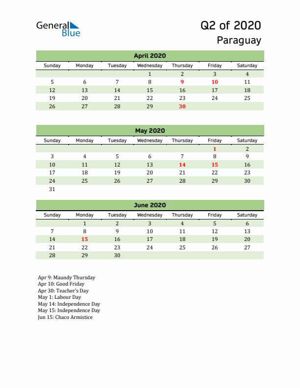 Quarterly Calendar 2020 with Paraguay Holidays