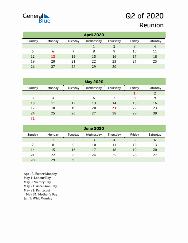 Quarterly Calendar 2020 with Reunion Holidays