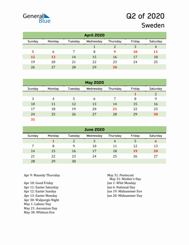 Quarterly Calendar 2020 with Sweden Holidays