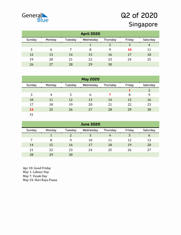 Quarterly Calendar 2020 with Singapore Holidays