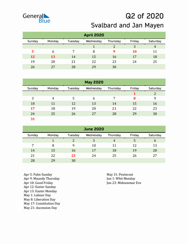 Quarterly Calendar 2020 with Svalbard and Jan Mayen Holidays