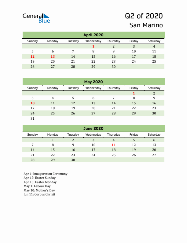 Quarterly Calendar 2020 with San Marino Holidays