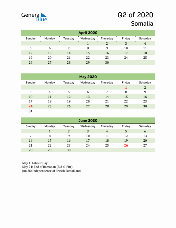 Quarterly Calendar 2020 with Somalia Holidays