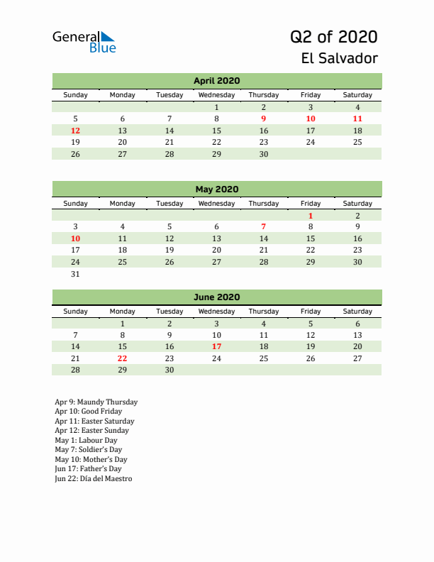 Quarterly Calendar 2020 with El Salvador Holidays