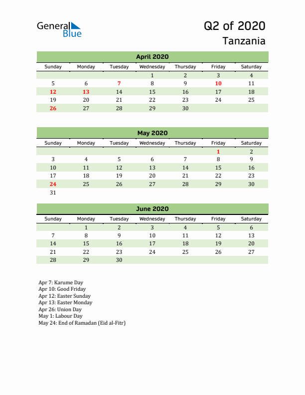 Quarterly Calendar 2020 with Tanzania Holidays