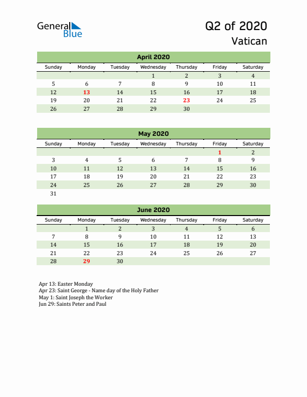 Quarterly Calendar 2020 with Vatican Holidays