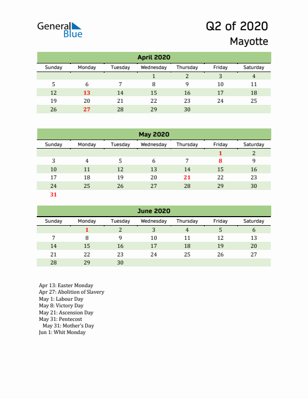 Quarterly Calendar 2020 with Mayotte Holidays