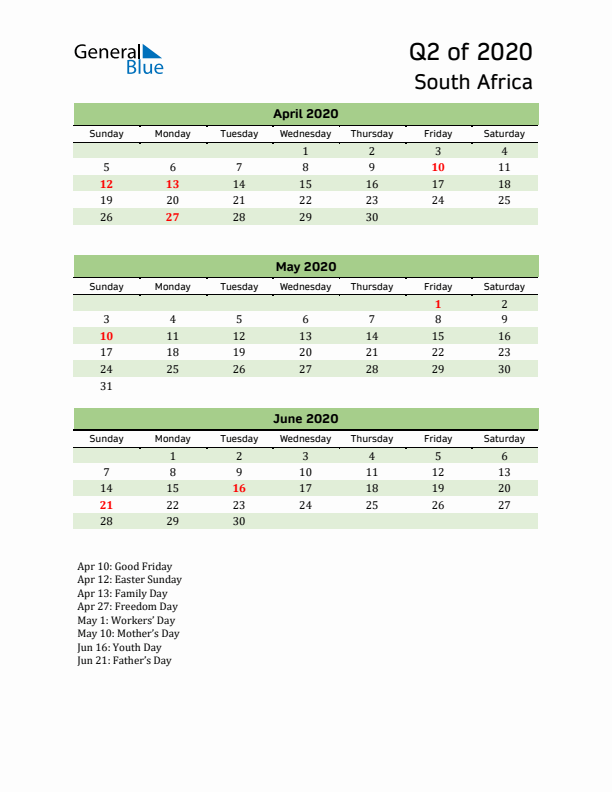 Quarterly Calendar 2020 with South Africa Holidays