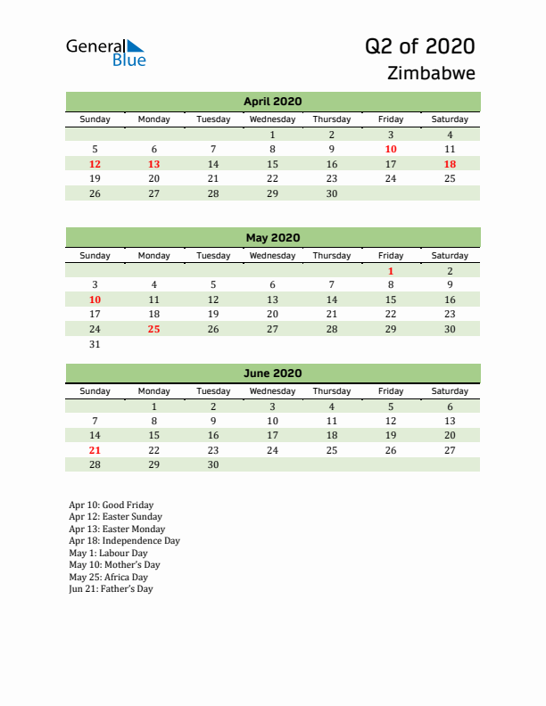 Quarterly Calendar 2020 with Zimbabwe Holidays