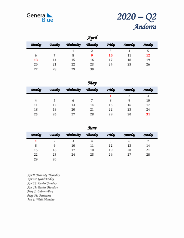 April, May, and June Calendar for Andorra with Monday Start