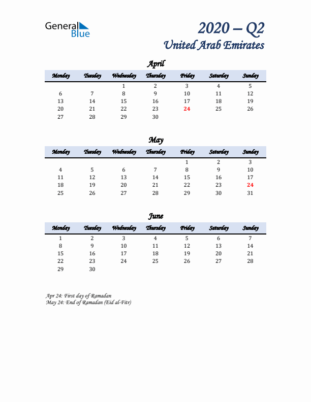 April, May, and June Calendar for United Arab Emirates with Monday Start