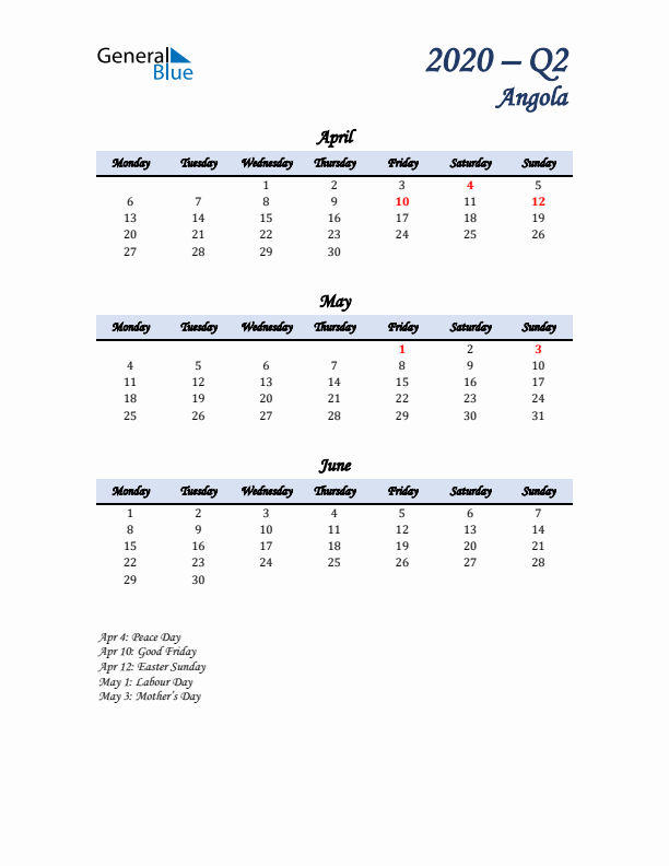 April, May, and June Calendar for Angola with Monday Start