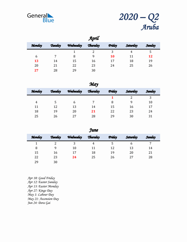 April, May, and June Calendar for Aruba with Monday Start