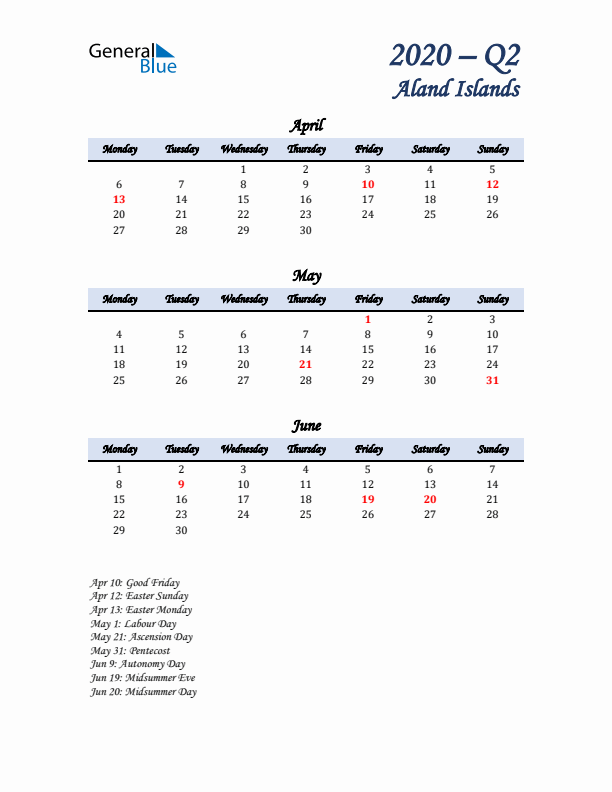 April, May, and June Calendar for Aland Islands with Monday Start