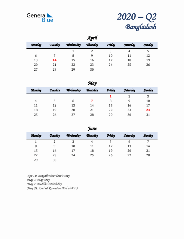 April, May, and June Calendar for Bangladesh with Monday Start