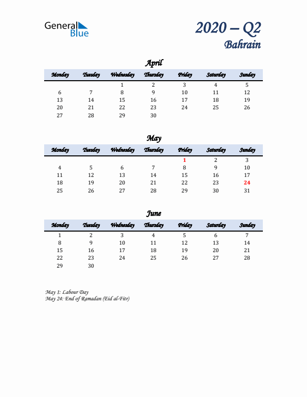 April, May, and June Calendar for Bahrain with Monday Start