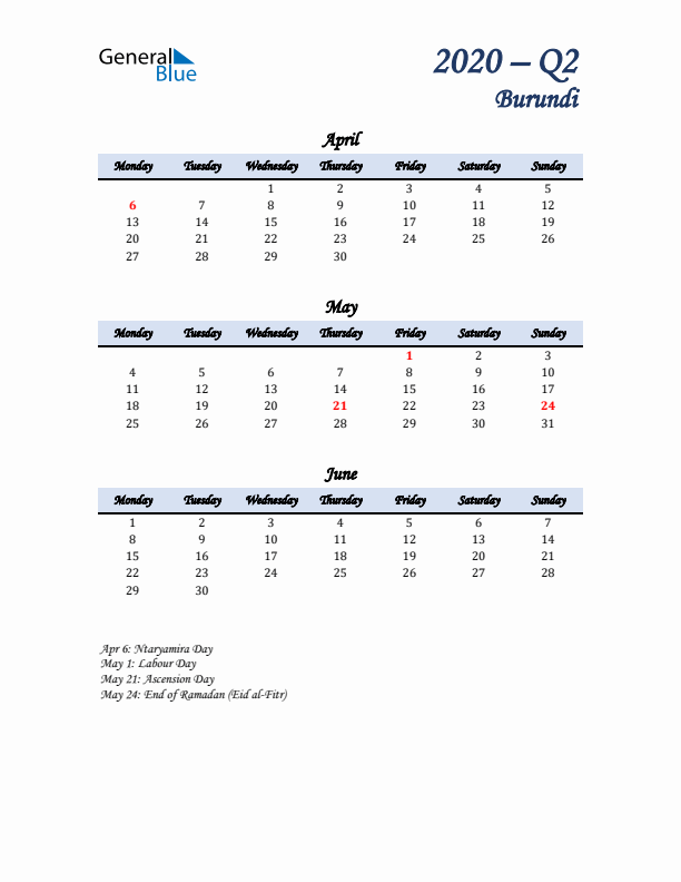 April, May, and June Calendar for Burundi with Monday Start