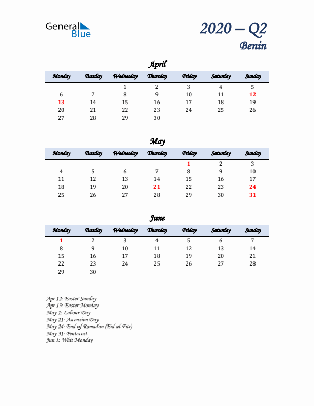 April, May, and June Calendar for Benin with Monday Start