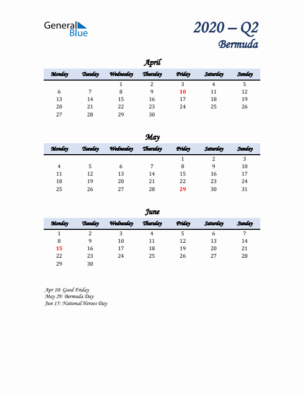 April, May, and June Calendar for Bermuda with Monday Start