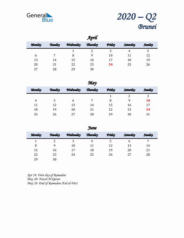 April, May, and June Calendar for Brunei with Monday Start