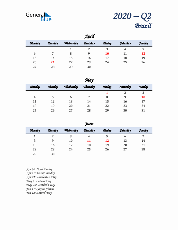 April, May, and June Calendar for Brazil with Monday Start