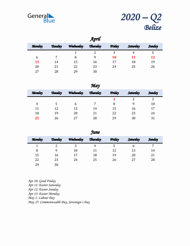 April, May, and June Calendar for Belize with Monday Start