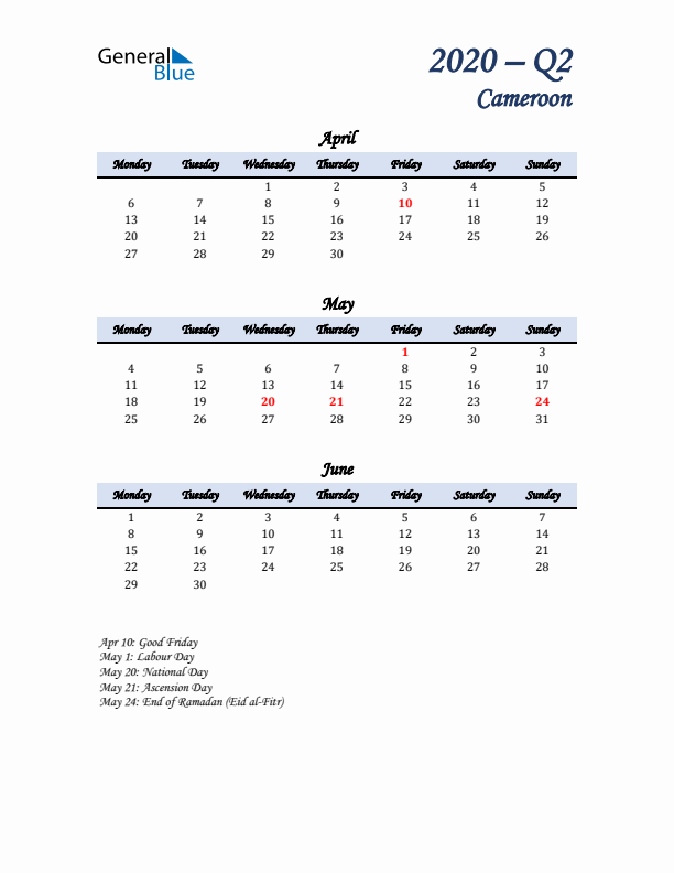 April, May, and June Calendar for Cameroon with Monday Start