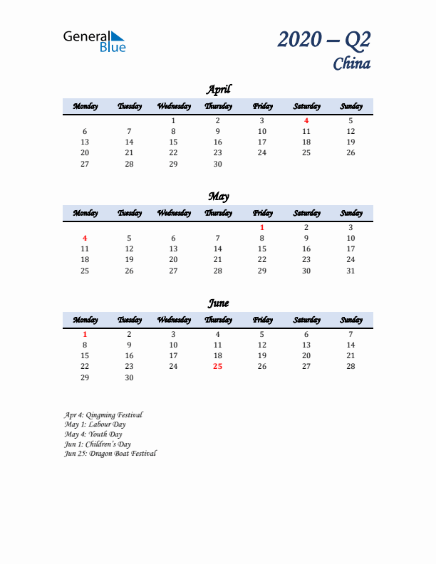 April, May, and June Calendar for China with Monday Start