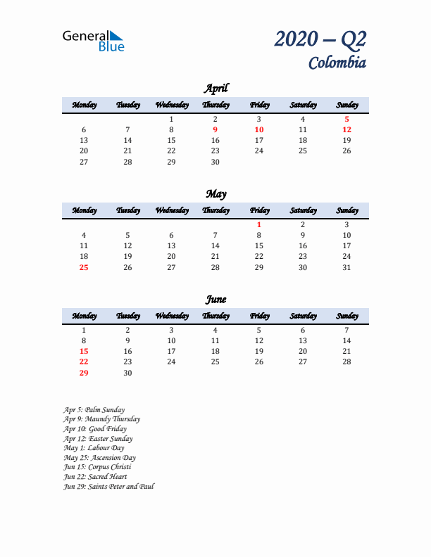 April, May, and June Calendar for Colombia with Monday Start