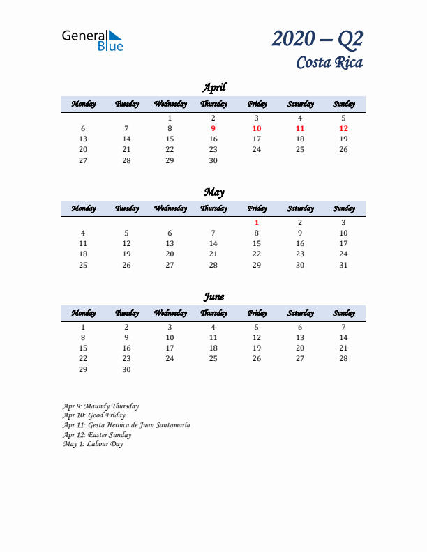 April, May, and June Calendar for Costa Rica with Monday Start