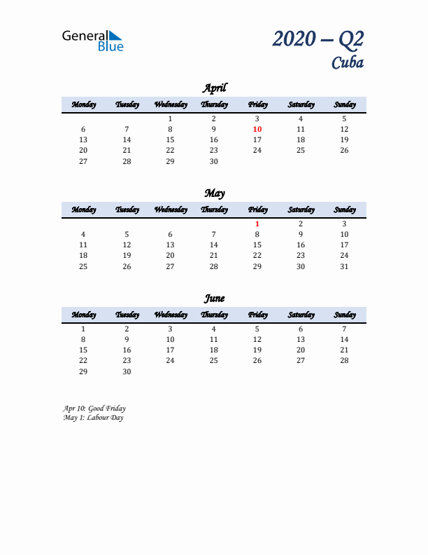 April, May, and June Calendar for Cuba with Monday Start