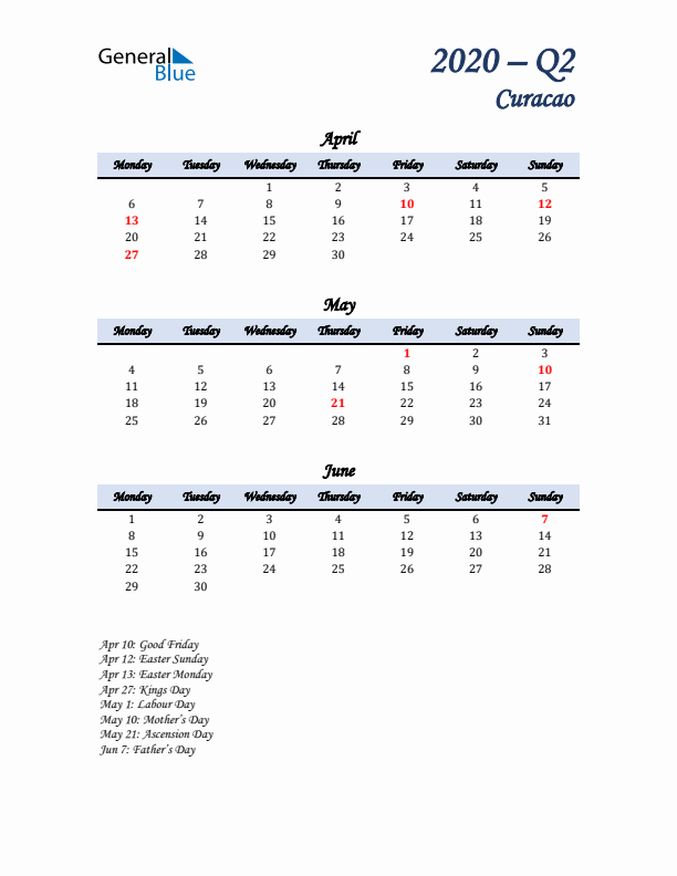 April, May, and June Calendar for Curacao with Monday Start