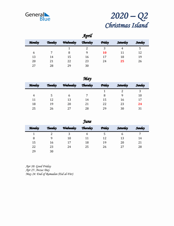 April, May, and June Calendar for Christmas Island with Monday Start