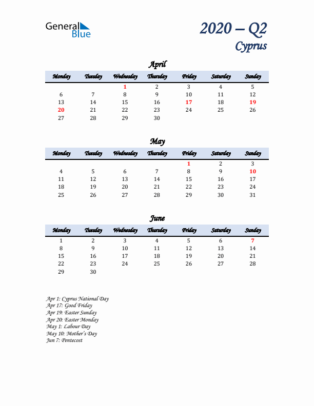 April, May, and June Calendar for Cyprus with Monday Start