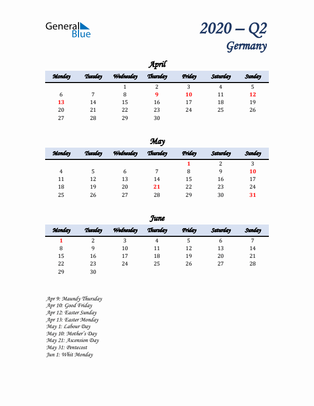 April, May, and June Calendar for Germany with Monday Start