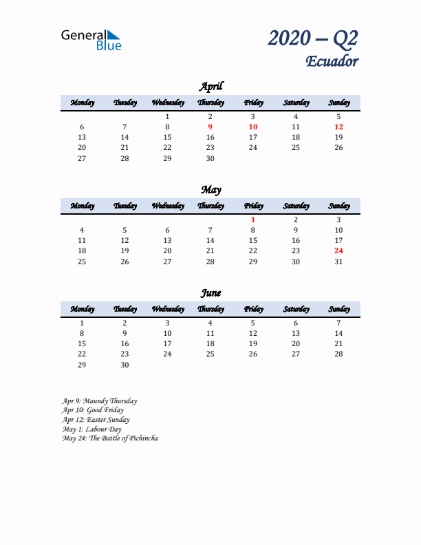 April, May, and June Calendar for Ecuador with Monday Start